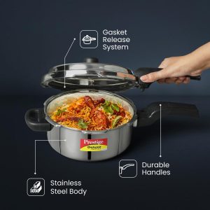 Prestige Deluxe Alpha Svachh Stainless Steel Pressure Cooker | Triply Base & Spill-Proof Lid