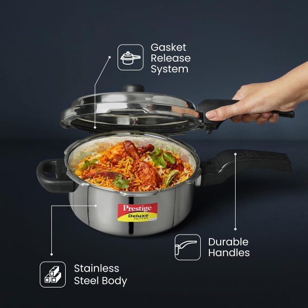 Prestige Deluxe Alpha Svachh Stainless Steel Pressure Cooker | Triply Base & Spill-Proof Lid