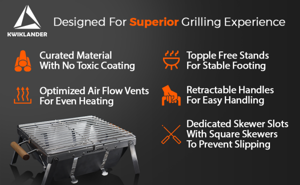 Kwiklander SS BBQ Grill GRX01G – Stainless Steel Charcoal Barbeque for Home & Outdoor Cooking