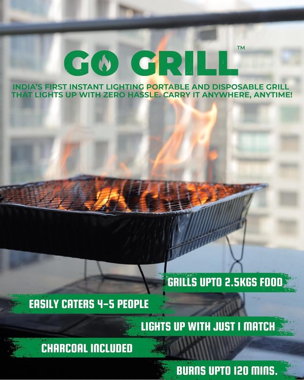 GO GRILL Portable & Disposable Barbeque Grill Set | Instant Lighting Lumpwood Charcoal Included | Ready-to-Use BBQ Grill | Food Safe Certified | India’s First Eco-Friendly Barbecue for Outdoor Cooking