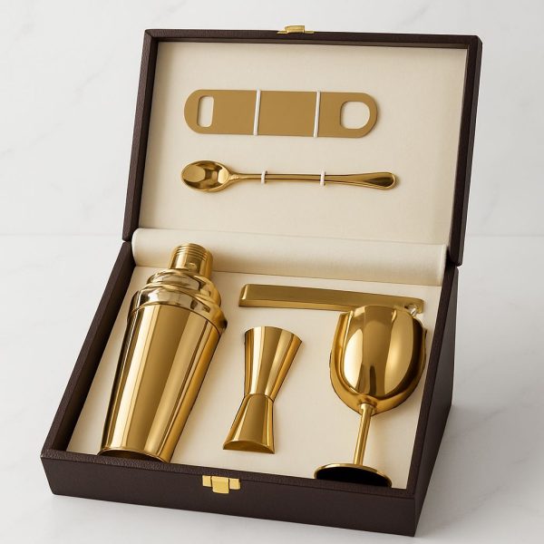 Deep Stainless Steel PVD Gold Cocktail Bar Set with Leather Case – Complete Bar Tools Kit