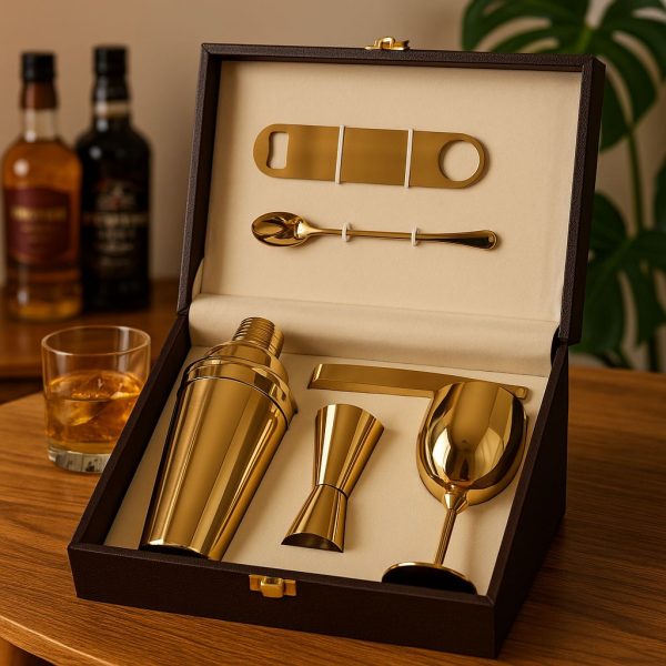 Deep Stainless Steel PVD Gold Cocktail Bar Set with Leather Case – Complete Bar Tools Kit