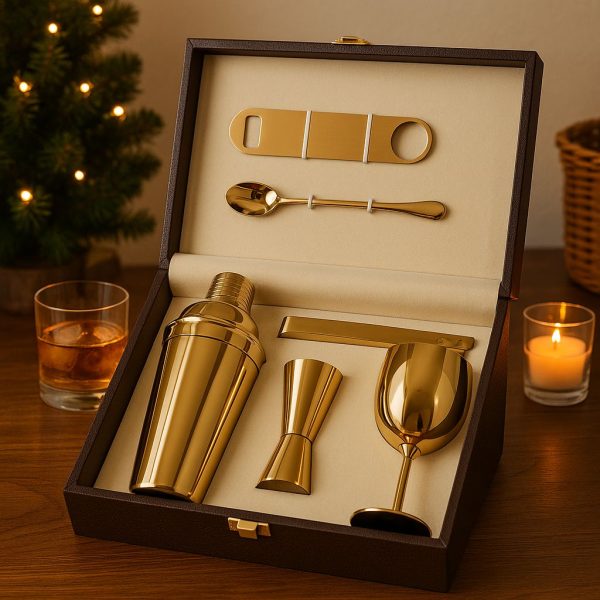 Deep Stainless Steel PVD Gold Cocktail Bar Set with Leather Case – Complete Bar Tools Kit
