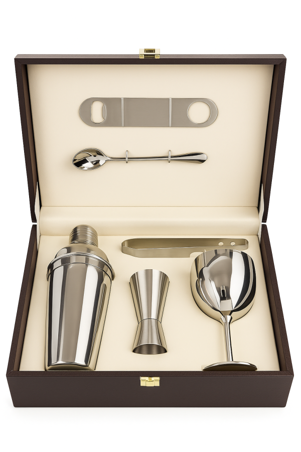 Deep Stainless Steel Cocktail Bar Set with Leather Case – Complete Bar Tools Kit