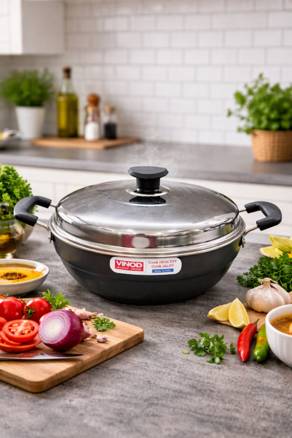 Vinod Hard Anodised Multi Kadai with Lid – Deep Kadhai for Frying & Cooking and Induction Friendly
