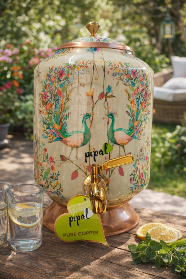 Pipal Premium Copper Matka  – 8 Litre White Peacock – Designer Water Pot for Drinking Water