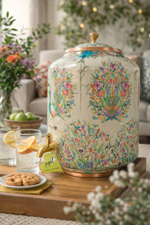 Pipal Premium Copper Matka  – 8 Litre White Peacock – Designer Water Pot for Drinking Water