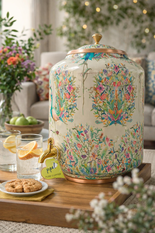 Pipal Premium Copper Matka  – 8 Litre White Peacock – Designer Water Pot for Drinking Water