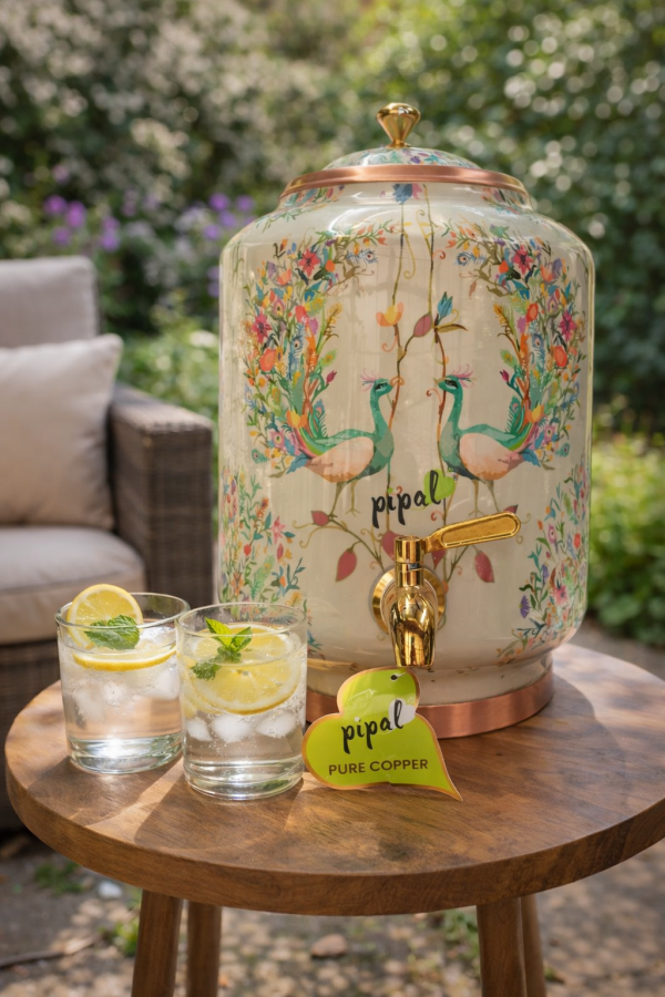 Pipal Premium Copper Matka  – 8 Litre White Peacock – Designer Water Pot for Drinking Water