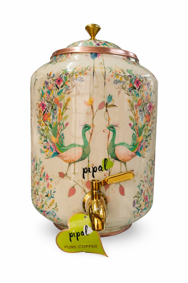 Pipal Premium Copper Matka  – 8 Litre White Peacock – Designer Water Pot for Drinking Water