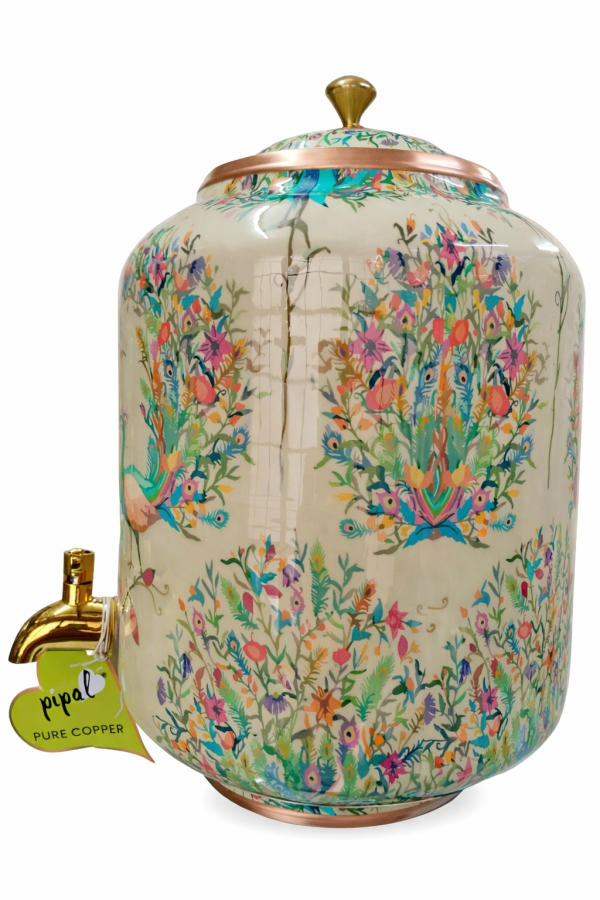 Pipal Premium Copper Matka  – 8 Litre White Peacock – Designer Water Pot for Drinking Water
