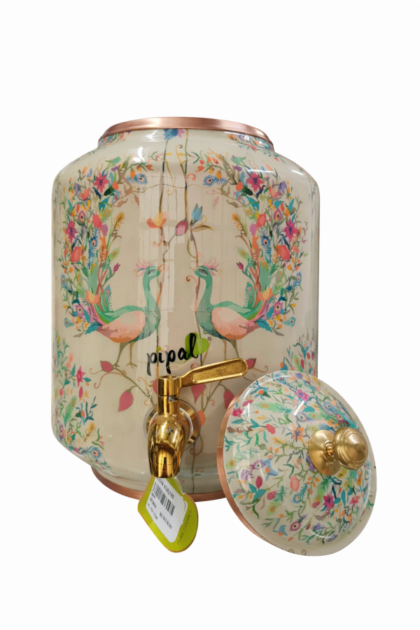 Pipal Premium Copper Matka  – 8 Litre White Peacock – Designer Water Pot for Drinking Water