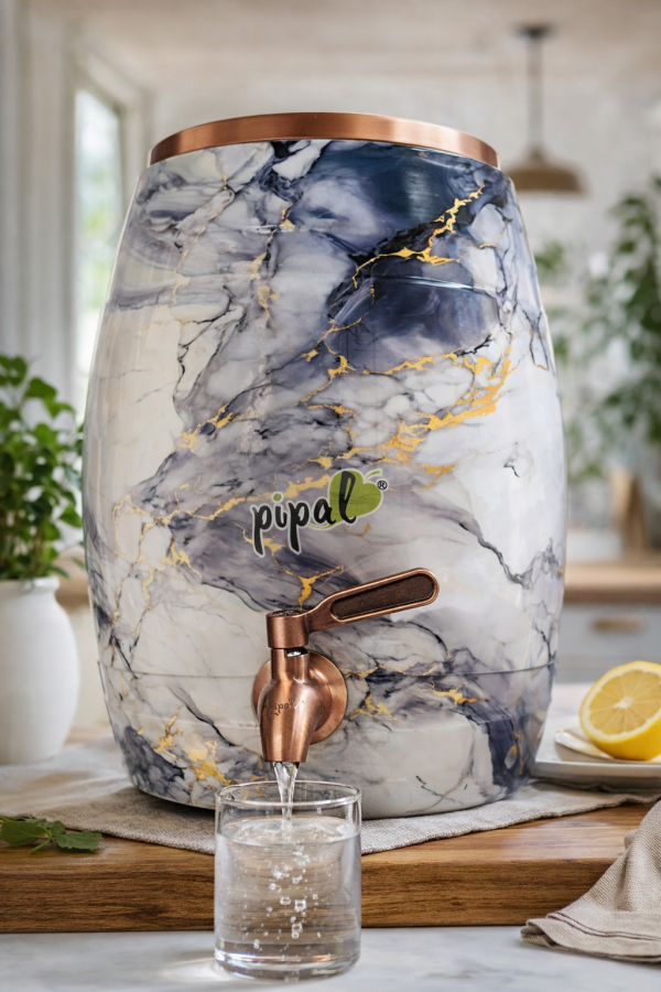 Pipal Copper Barrel Water Storage Matka – 8 Litre Marble Splash – Pure Copper Ayurvedic Drinking Water Pot