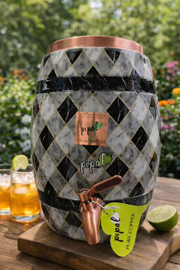 Pipal Copper Water Matka Barrel Design – 8 Litre Black Graphite – Pure Copper Drinking Water Pot