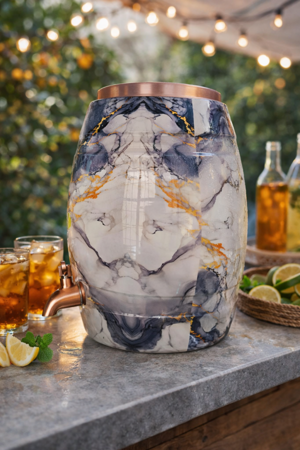 Pipal Copper Barrel Water Storage Matka – 8 Litre Marble Splash – Pure Copper Ayurvedic Drinking Water Pot