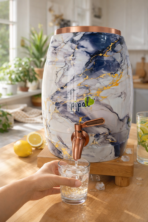 Pipal Copper Barrel Water Storage Matka – 8 Litre Marble Splash – Pure Copper Ayurvedic Drinking Water Pot