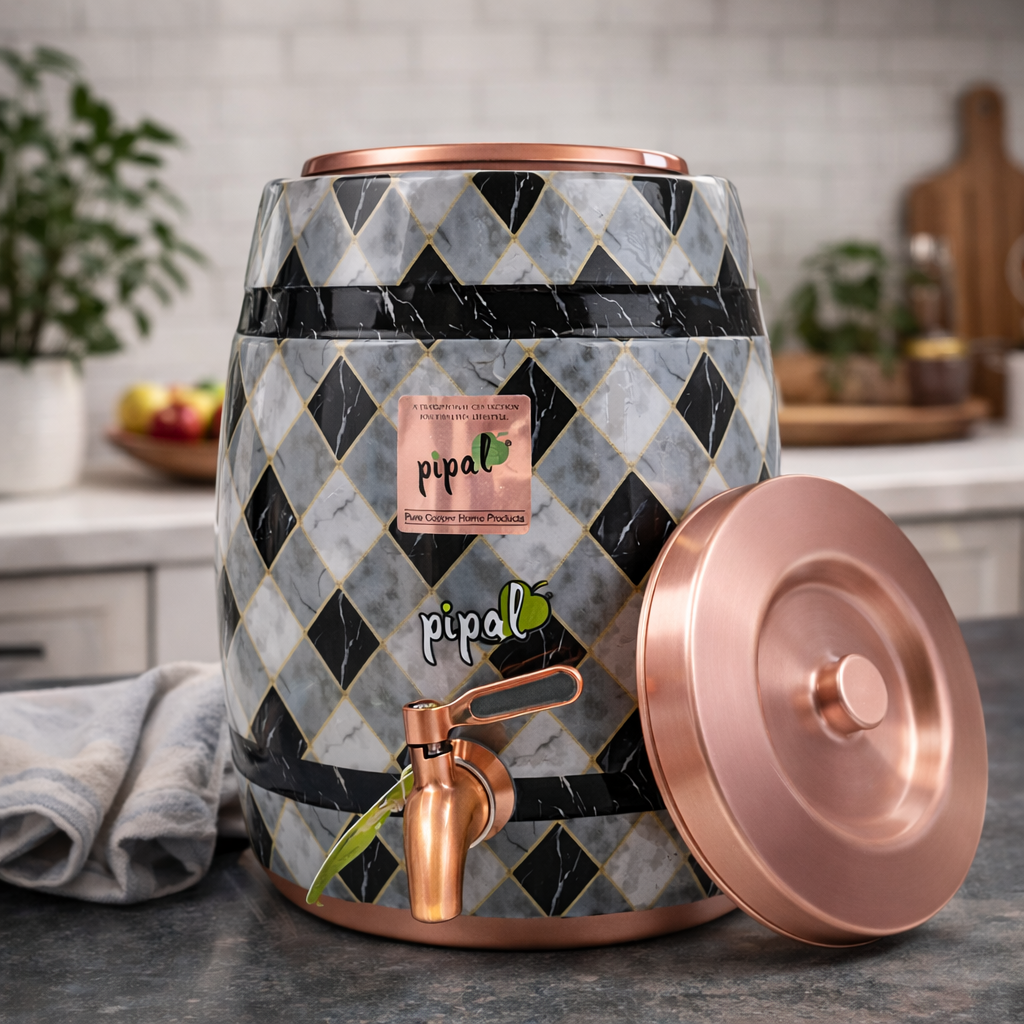 Pipal Copper Water Matka Barrel Design – 8 Litre Black Graphite – Pure Copper Drinking Water Pot