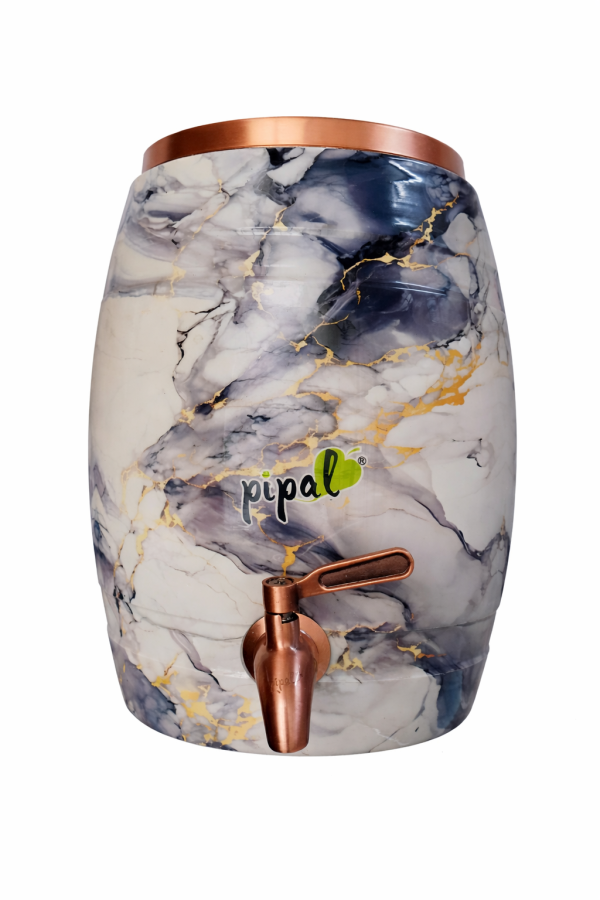 Pipal Copper Barrel Water Storage Matka – 8 Litre Marble Splash – Pure Copper Ayurvedic Drinking Water Pot