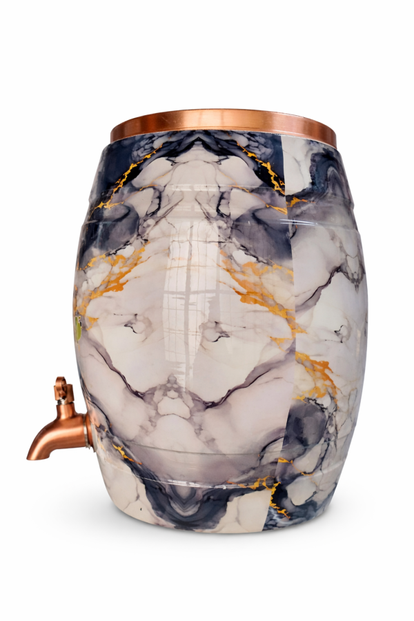 Pipal Copper Barrel Water Storage Matka – 8 Litre Marble Splash – Pure Copper Ayurvedic Drinking Water Pot