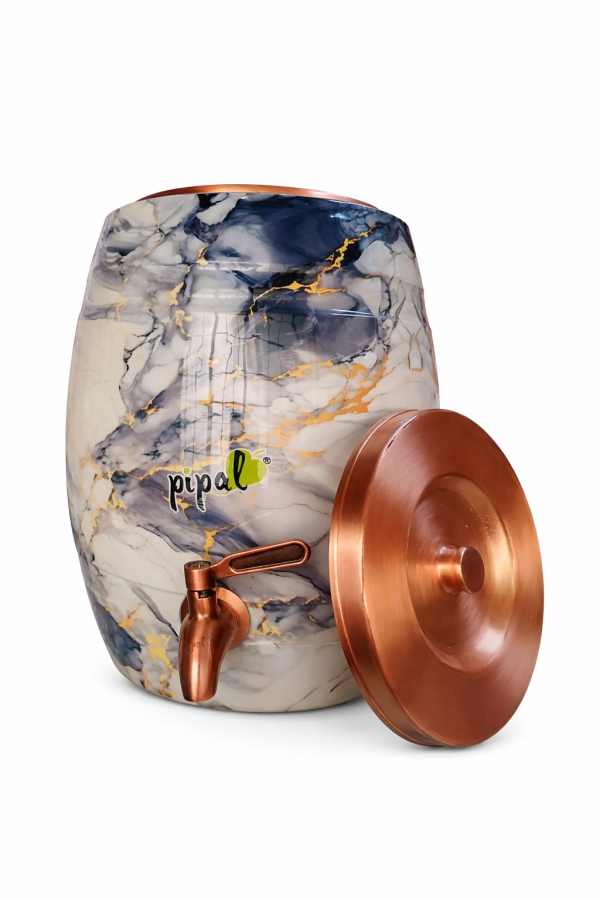 Pipal Copper Barrel Water Storage Matka – 8 Litre Marble Splash – Pure Copper Ayurvedic Drinking Water Pot