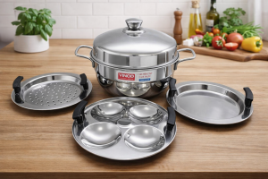 Vinod Stainless Steel Genz Mini Multi Kadai with 4 Idli Plate – Mini Kadai Idli Maker