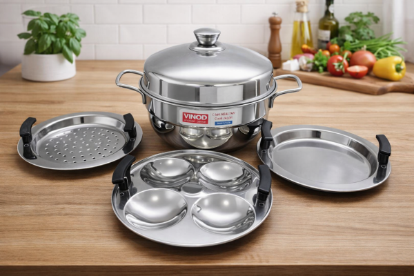 Vinod Stainless Steel Genz Mini Multi Kadai with 4 Idli Plate – Mini Kadai Idli Maker