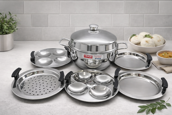 Vinod Stainless Steel Genz Mini Multi Kadai with 4 Idli Plate – Mini Kadai Idli Maker