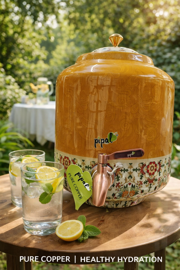 Pipal Designer Copper Water Matka  – 8 Litre Mango Carpet – Pure Copper Drinking Water Pot