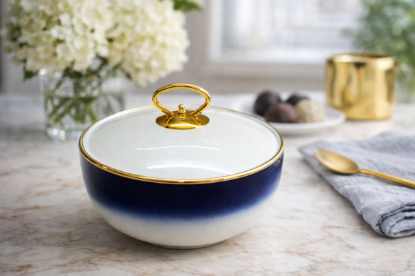 White Gold Fine Porcelain Dinner Set 35pcs – Dark Blue Gold Rim