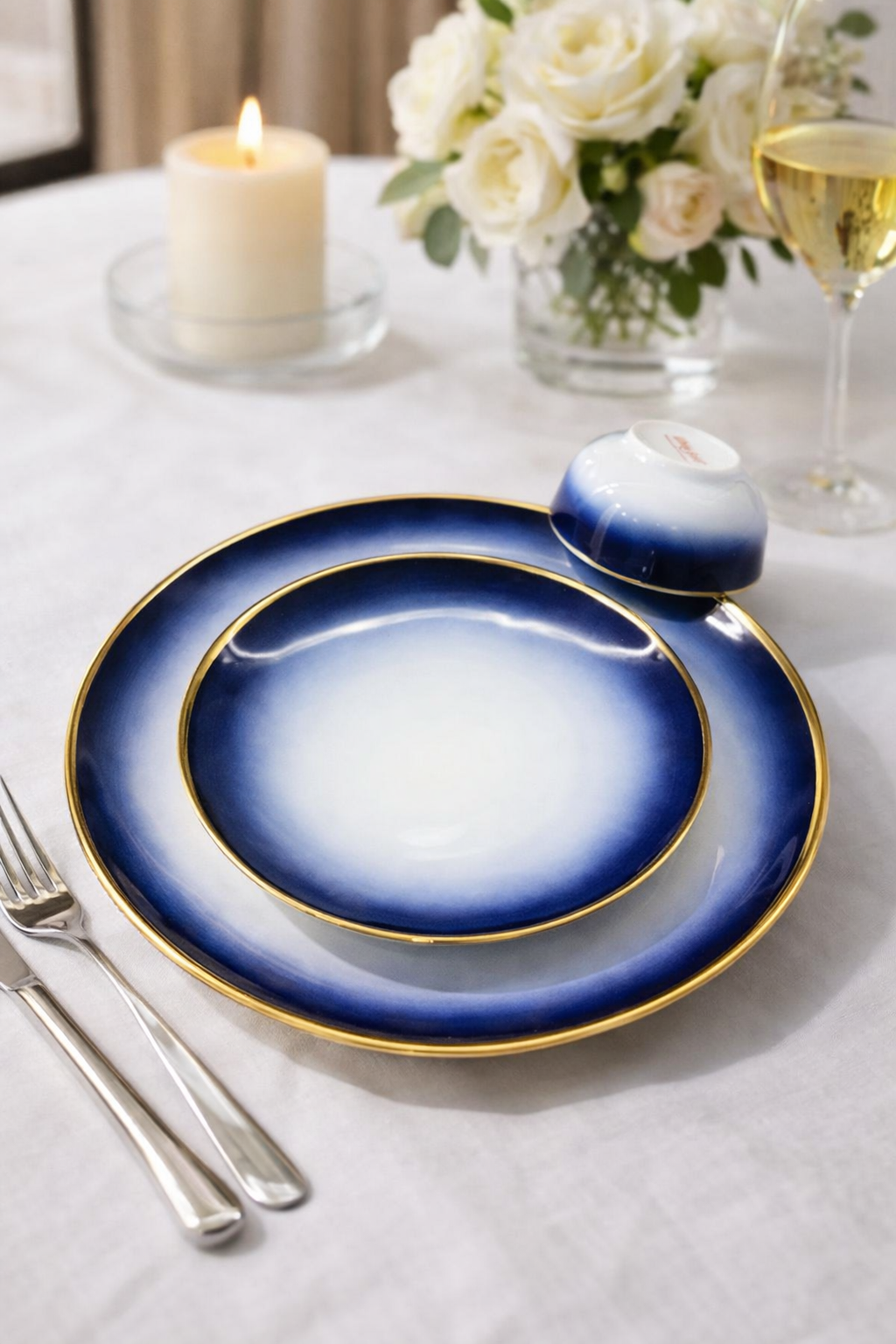 White Gold Fine Porcelain Dinner Set 35pcs – Dark Blue Gold Rim