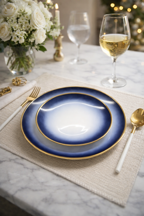 White Gold Fine Porcelain Dinner Set 35pcs – Dark Blue Gold Rim
