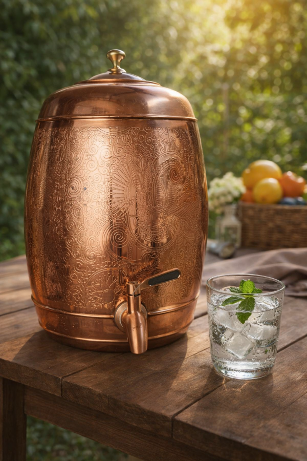 Pipal Handcrafted Copper Shagun Matka with Carved Design – 8 litre Carving ? Traditional Water Pot