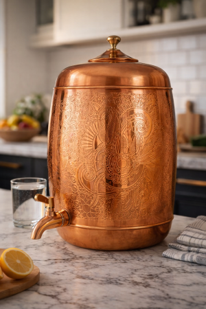 Pipal Handcrafted Copper Shagun Matka with Carved Design – 8 litre Carving ? Traditional Water Pot