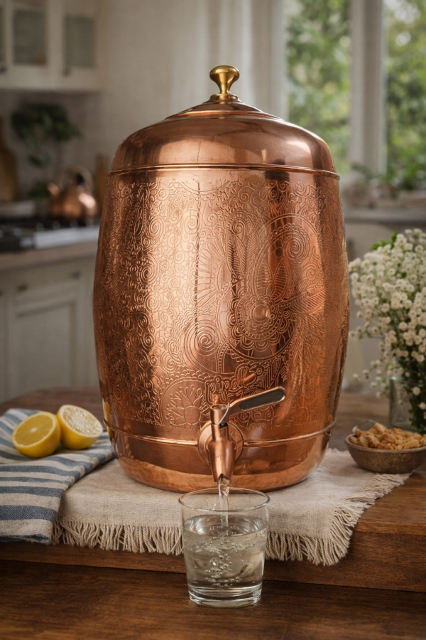 Pipal Handcrafted Copper Shagun Matka with Carved Design – 8 litre Carving ? Traditional Water Pot