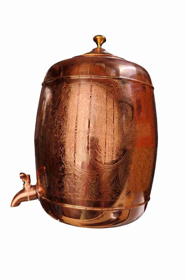 Pipal Handcrafted Copper Shagun Matka with Carved Design – 8 litre Carving ? Traditional Water Pot