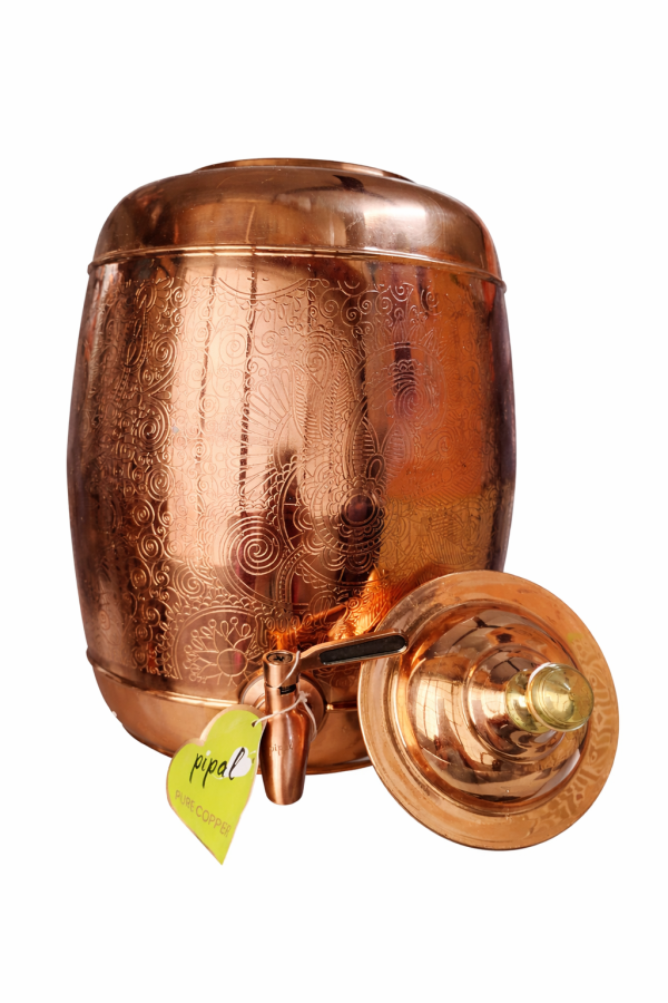 Pipal Handcrafted Copper Shagun Matka with Carved Design – 8 litre Carving ? Traditional Water Pot