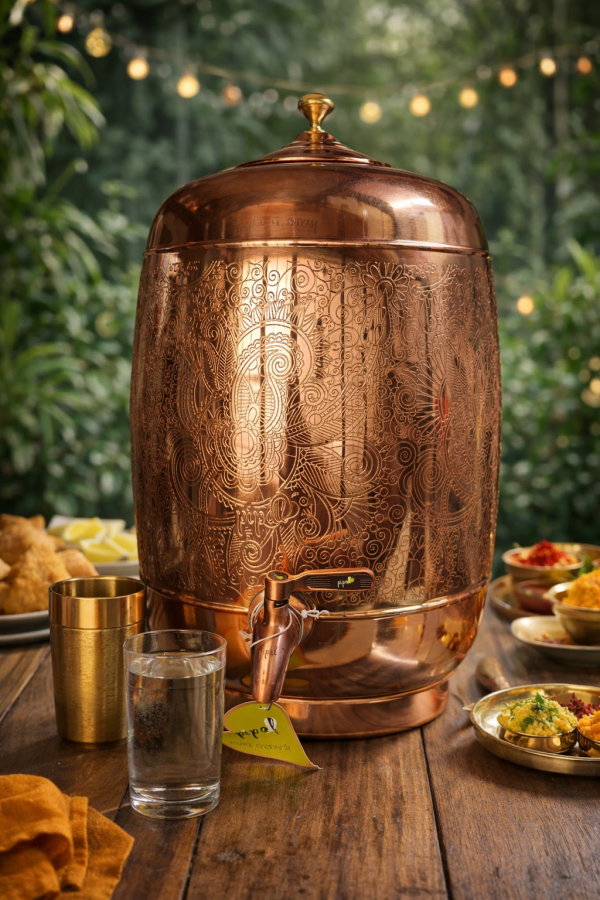 Pipal Handcrafted Copper Shagun Matka – 11 Litre Traditional Carving – Premium Water Pot