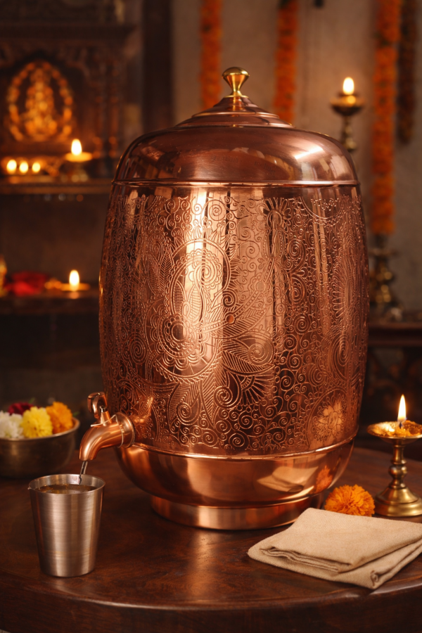 Pipal Handcrafted Copper Shagun Matka – 11 Litre Traditional Carving – Premium Water Pot