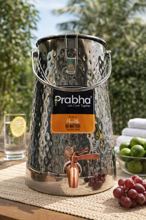 Prabha Tapered Hammered Water Pot – Dot Design – Stainless Steel Water Storage