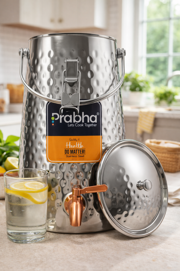Prabha Tapered Hammered Water Pot – Dot Design – Stainless Steel Water Storage