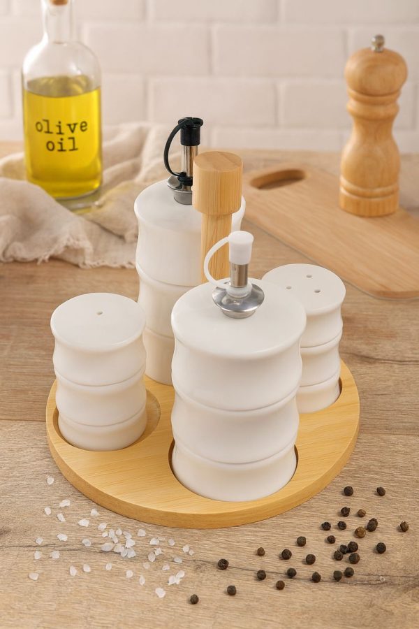 Roxx Bamboo Oil, Vinegar, Salt & Pepper Dispenser Set – Premium Kitchen Condiment Organizer  –  6444