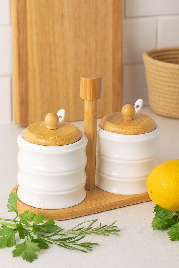 ROXX Bamboo Round Condiments Set – 2 Piece Kitchen Storage & Serving Containers  –  6439