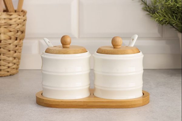 ROXX Bamboo Round Condiments Set – 2 Piece Kitchen Storage & Serving Containers  –  6439