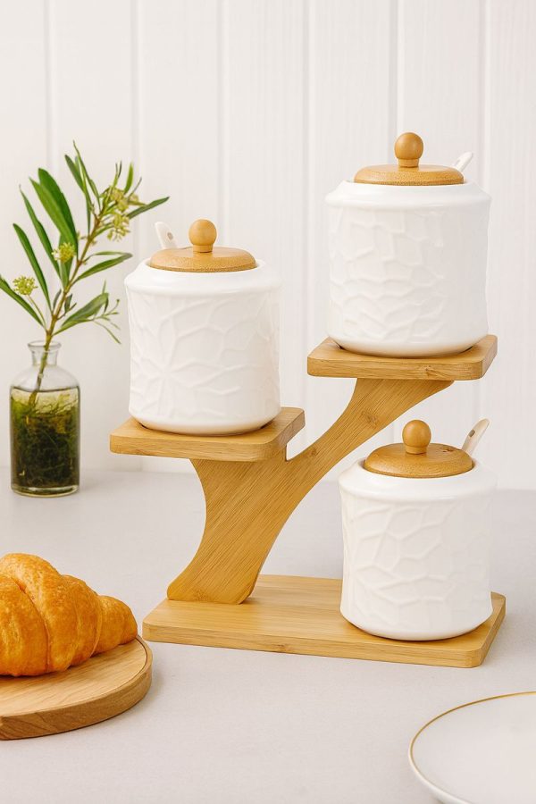 Roxx Bamboo Tree Round Condiment Set – Eco – Friendly Spice & Seasoning Organizer  –  6438