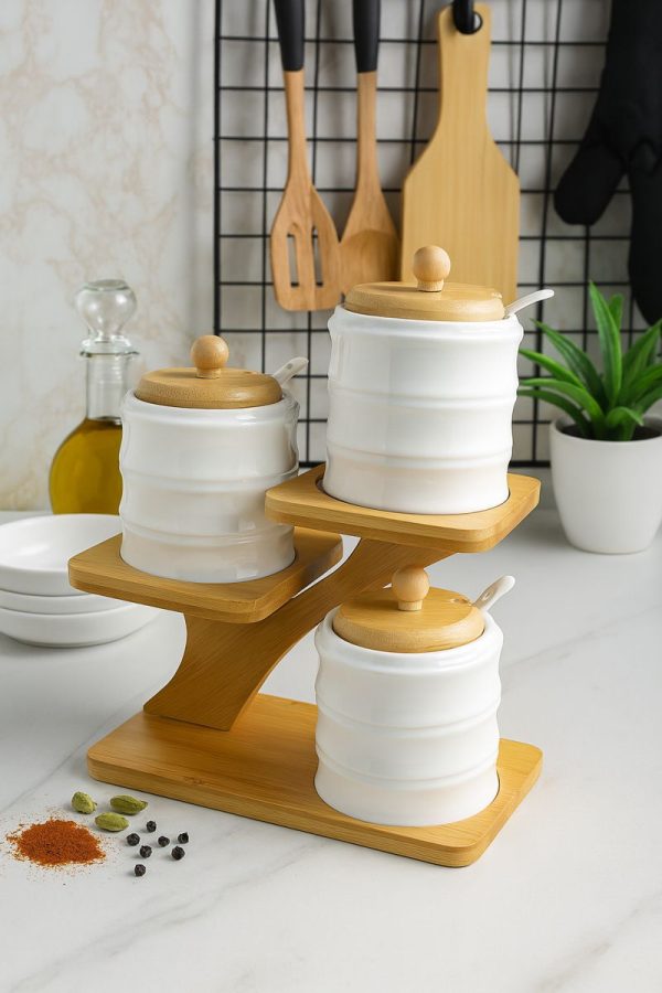 Roxx Bamboo Tree Round Condiment Set – Eco – Friendly Spice & Seasoning Organizer  –  6438