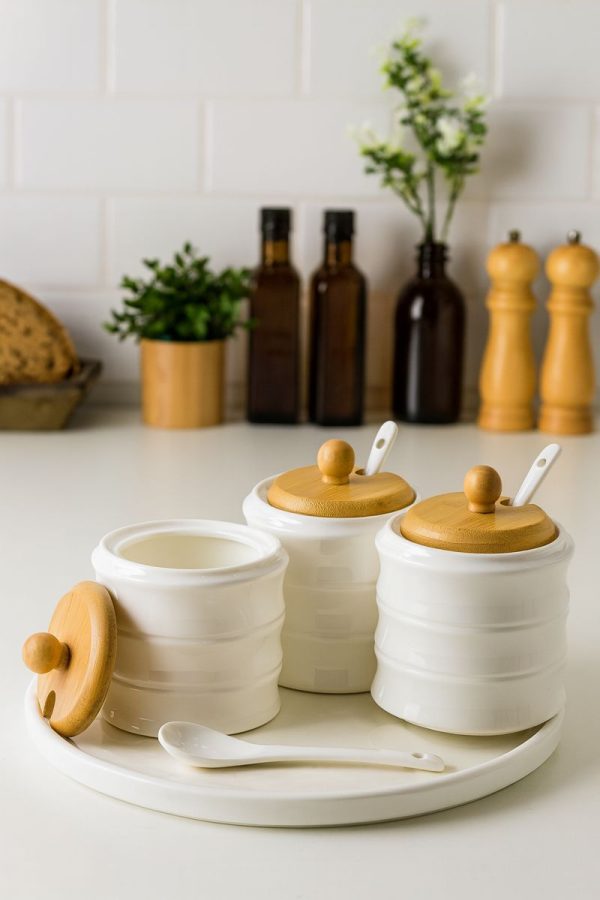 Roxx Bamboo Tree Round Condiment Set – Eco – Friendly Spice & Seasoning Organizer  –  6438