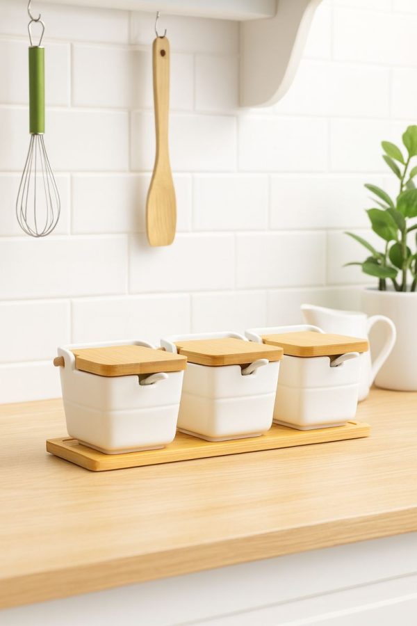 ROXX Bamboo Square Condiment Set with Ceramic Bowls – Kitchen Serving & Tableware Set  –  6441