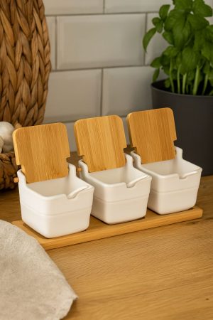 ROXX Bamboo Square Condiment Set with Ceramic Bowls – Kitchen Serving & Tableware Set  –  6441