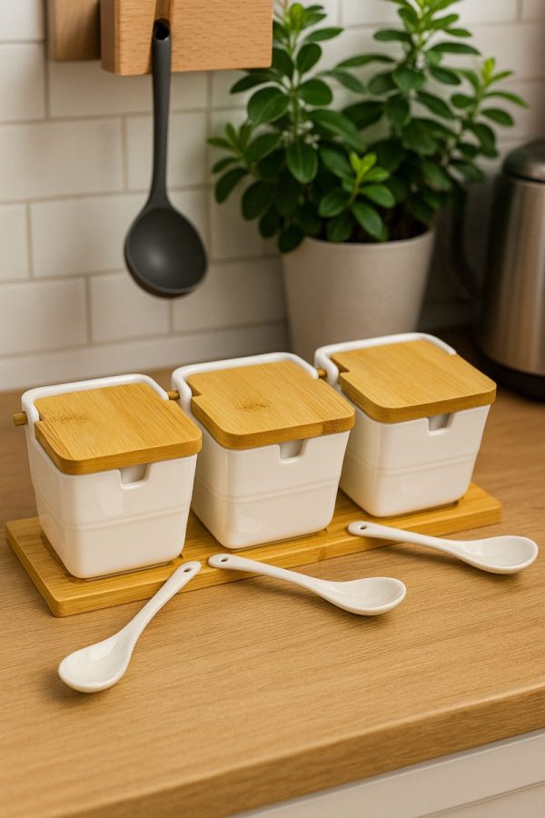 ROXX Bamboo Square Condiment Set with Ceramic Bowls – Kitchen Serving & Tableware Set  –  6441