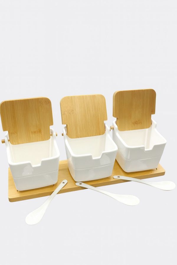 ROXX Bamboo Square Condiment Set with Ceramic Bowls – Kitchen Serving & Tableware Set  –  6441
